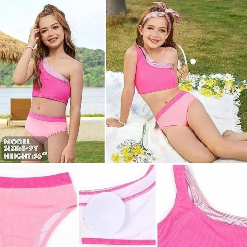 Mirawise‎ Girls Pink Metallic Swimsuit Set w/ Hair Accessory One Shoulder 12-13Y